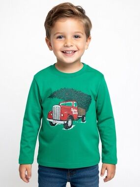 Boy’s Green Holiday Truck Long-Sleeve Tee